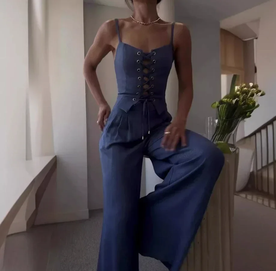 

Womens Two Piece Sets Outfit Purely Sexy Elegant Hollow Strap Camis Vest Tank Top Wide Leg Pants Set Fashion Summer Casual