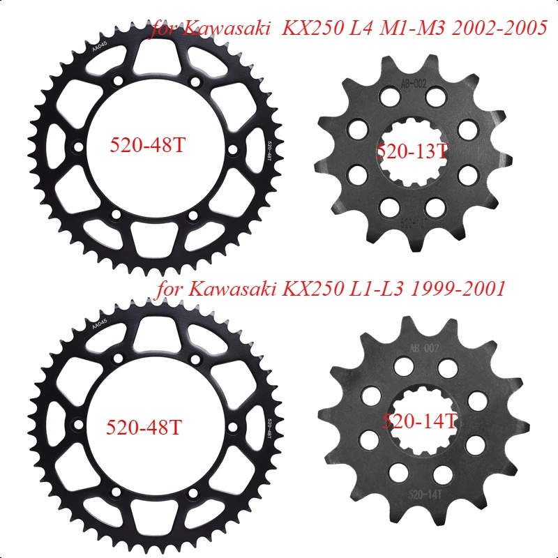 

520 13T 14T 48T Motorcycle Front Rear Sprocket Gear Wheel Cam for Kawasaki KX250 L1-L3 1999-2001 KX250 L4 M1-M3 2002-2005