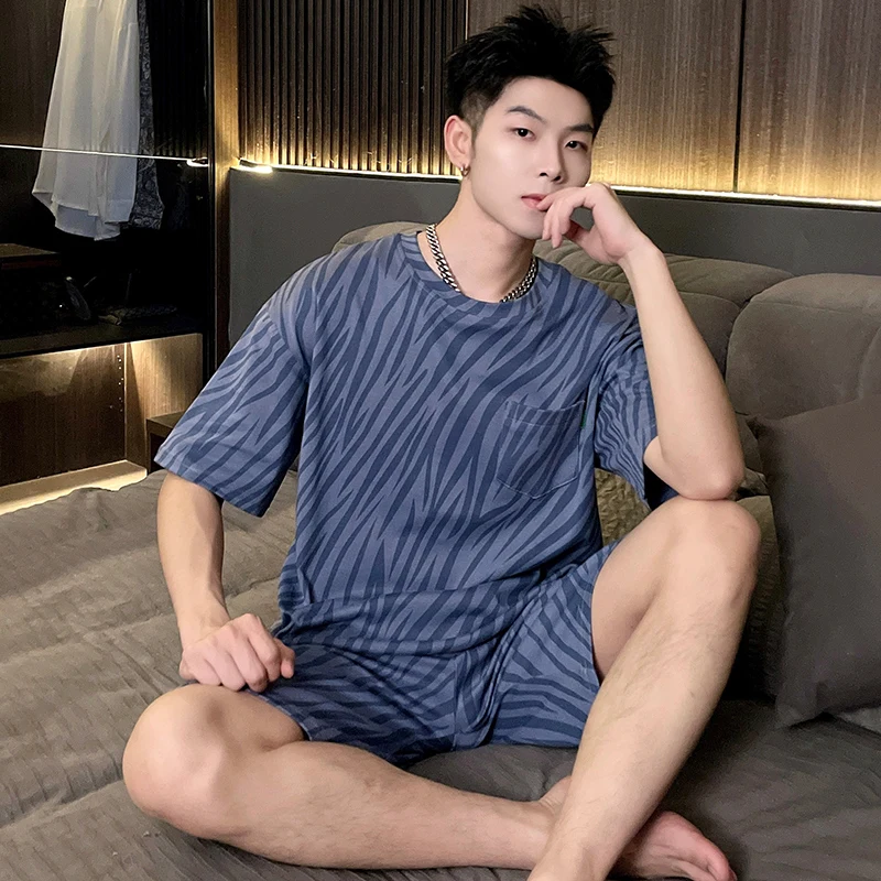 Zebra-stripe Pajama Sets Men Panelled Baggy Tops Mid Waist Knee Length Bottoms Streetwear Summer Leisure Fashion American Style