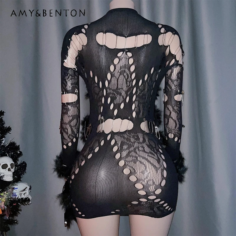 

European American Punk Autumn New Long Sleeve Hairy Edge Hollow Out Sexy Women's Clothing Original Gothic Mesh Dresses Ladies