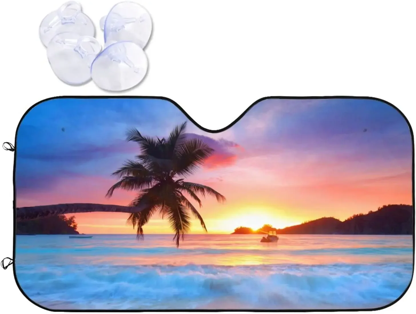 Ocean Tropical Palm Tree Island Hawaiian Sunset Sea Waves Front Windshield Sun Shade Accordion Folding Auto Sunshade for Car Tru