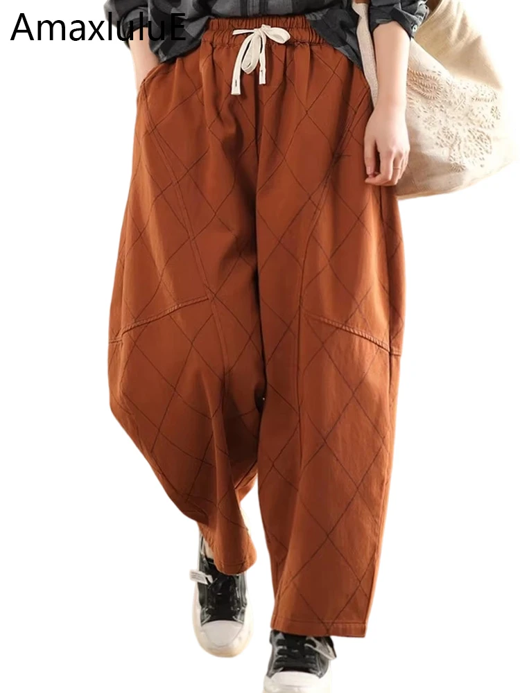 

Amax luluE 2025 Spring Korean Design Women Fashion Casual Plaid Pants Ladies Loose Vintage Classic Elastic Waist Luxury Trousers