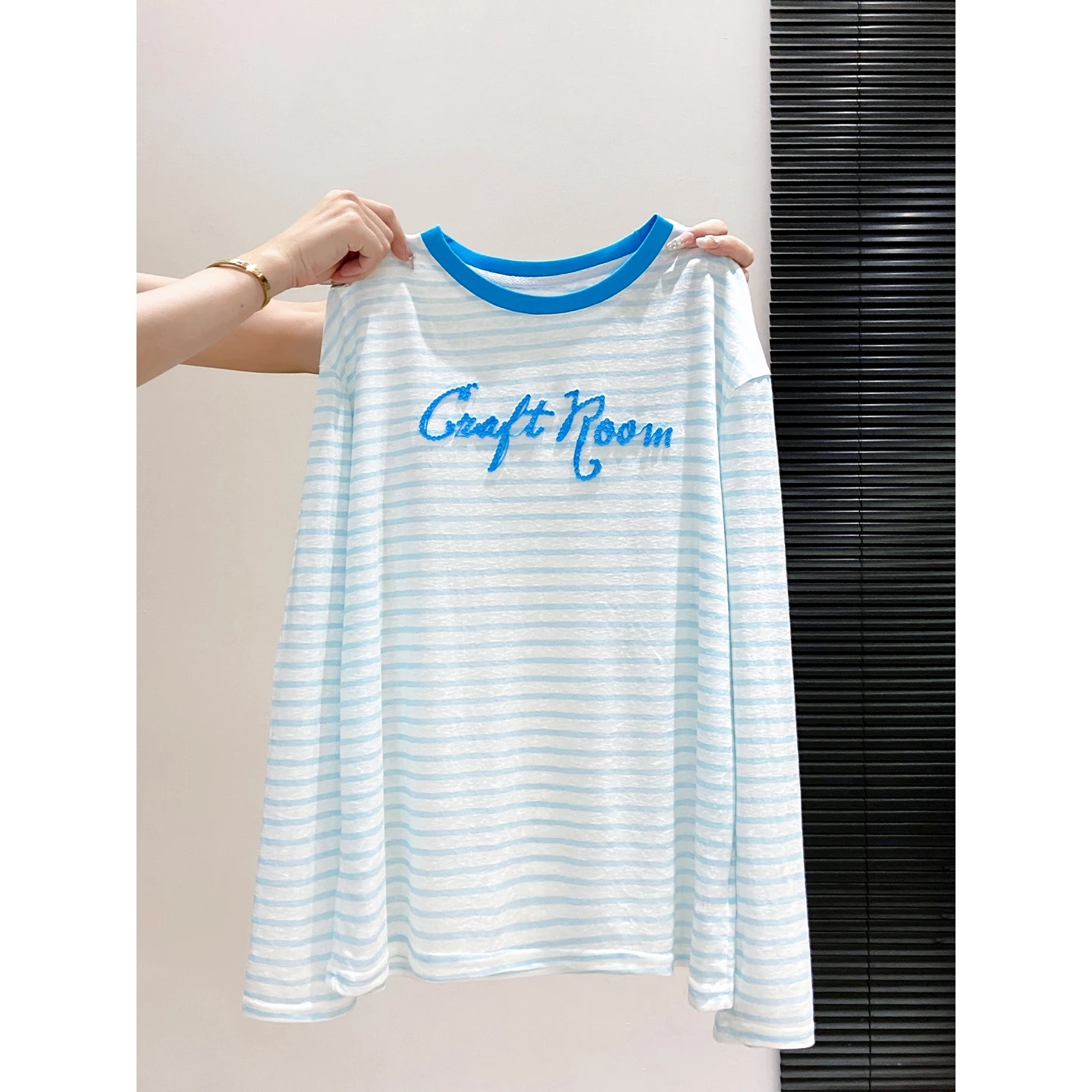 Women Striped Long Sleeve Sun Protection Summer Loose Fit Thin Cardigan Korean Style Contrast Color Caasal