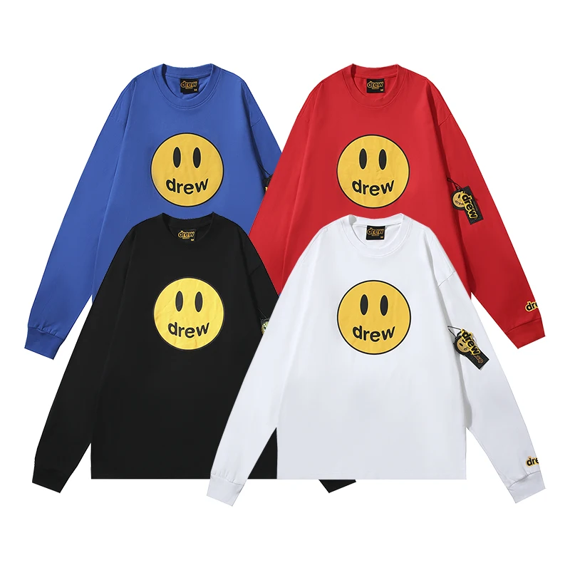 Drew House Oversized Smiley Long Sleeve Tee Men Loose Fit Crew Neck Cotton Streetwear Casual Top