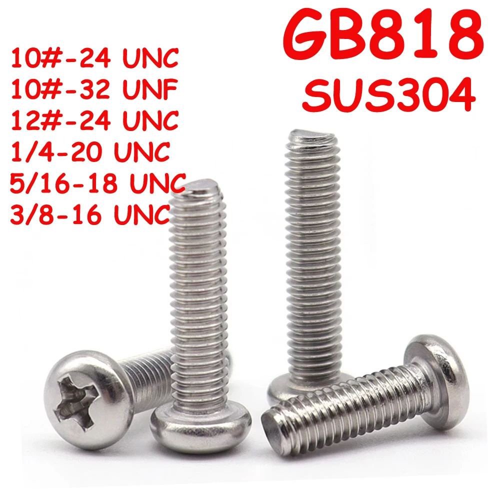 

Yiqianyuan GB818 10# 12# 1/4'' 5/16'' 3/8'' UNC UNF SUS304 Stainless Steel Cross Recessed Pan Head Phillips Screws Machine Bolts