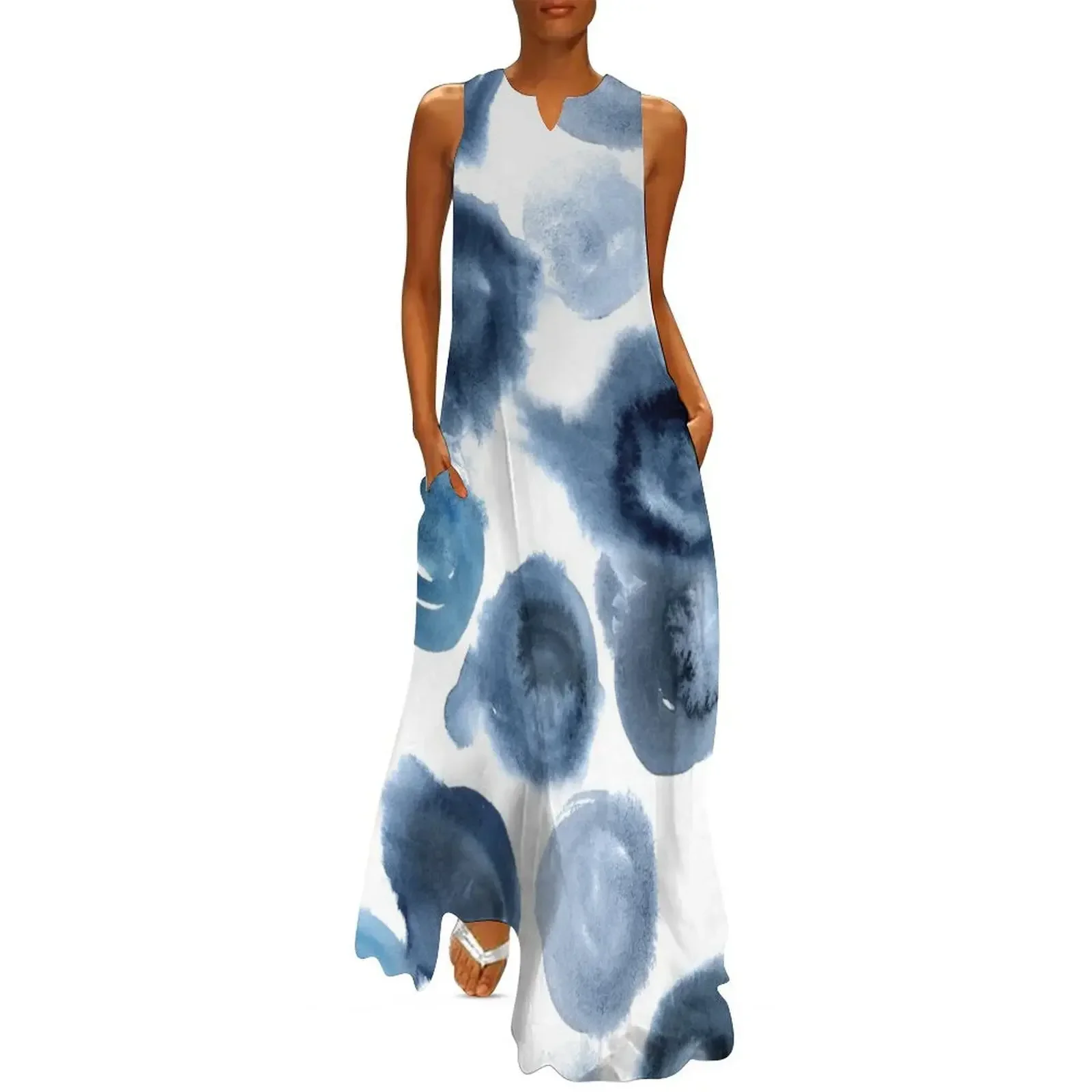 

Abstract blue watercolor dye seamless pattern technique Shibori. Long Dress dress summer 2025 women summer women's suit Dress