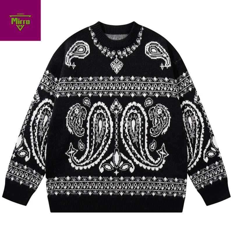 

Винтажные свитера с рисунком пейсли, мужская уличная одежда, Harajuku, хип-хоп, большие свитера, вязаные джемперы, свободные свитера Y2K, трикотаж