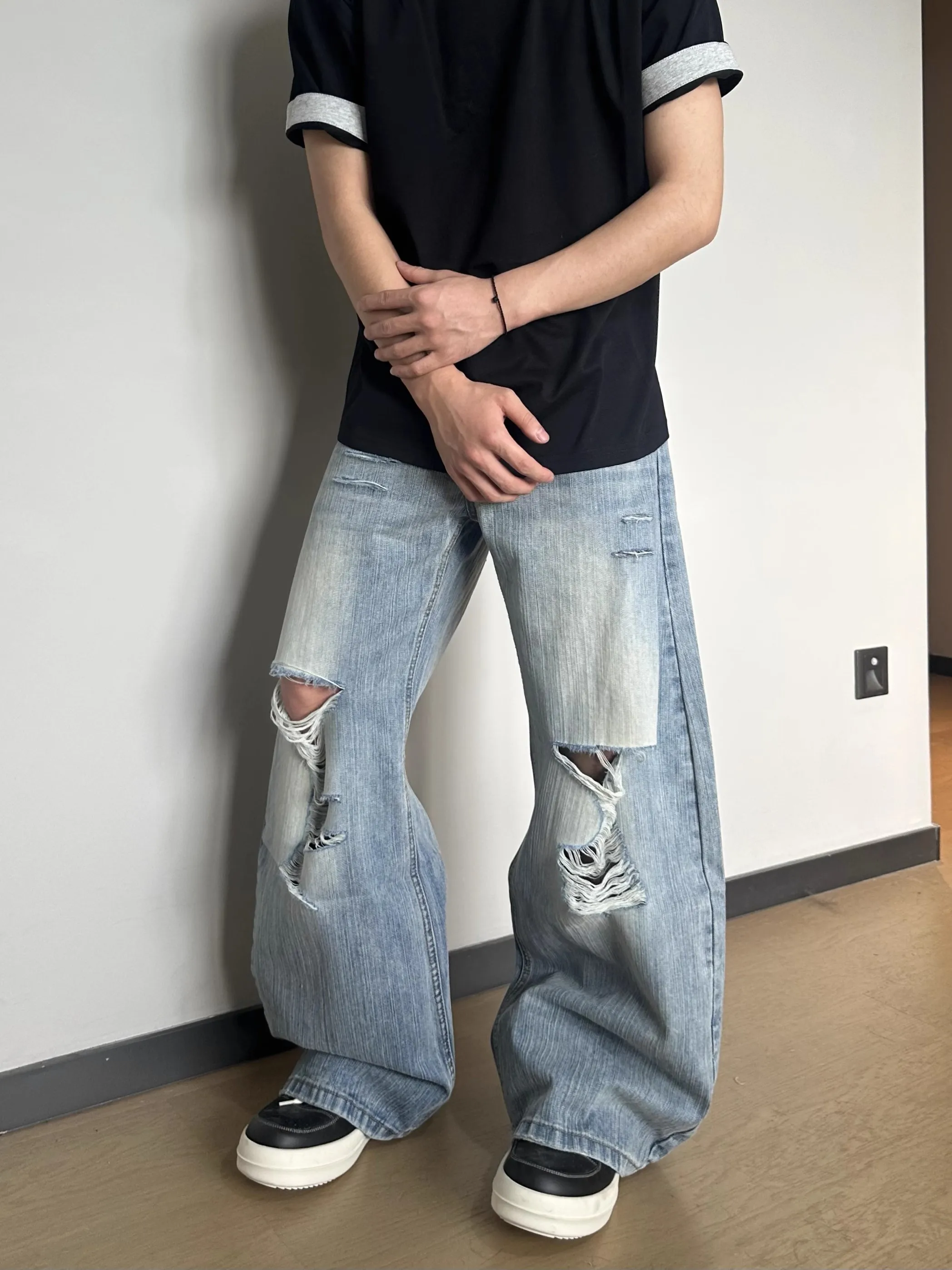 Ретро американские свободные широкие джинсы с дырками из бамбукового волокна для женщин, повседневная одежда, всесезонные длинные брюки с высокой талией