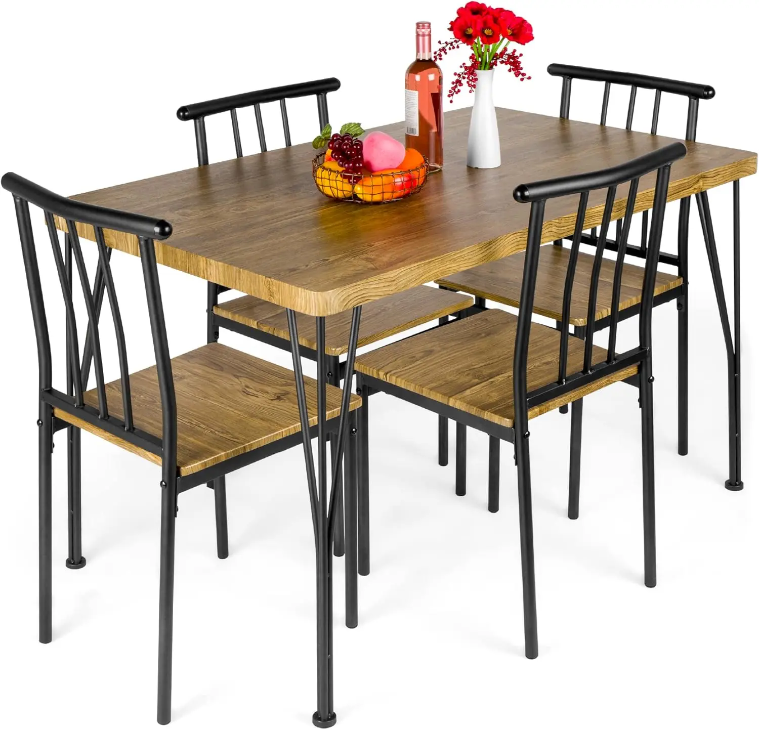 5-Piece Metal and Wood Indoor Modern Rectangular Dining Table Furniture Set for Kitchen, Dining Room, Dinette, Breakfast Nook