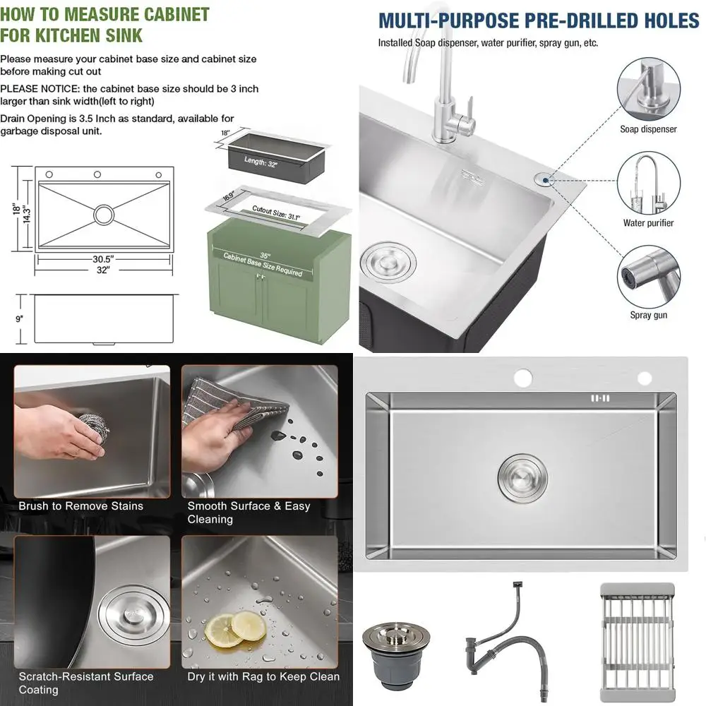 

Кухонная мойка на одну чашу, 30 см, встраиваемая/навесная, из нержавеющей стали с нанопокрытием и корзинчатым фильтром