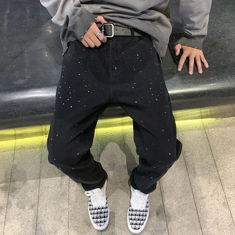 Celana Jeans Pria Trendy Bertabur Rhinestone Super Keren Model Slim Fit Panjang High Waist Ritsleting Kasual Musim Panas untuk Remaja