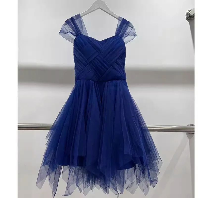 

Sweet Memory Navy Blue Red Short Bridesmaid Dresses Graduation Gown Girls Princess Net Mesh Puffy Prom Wedding Party Dress