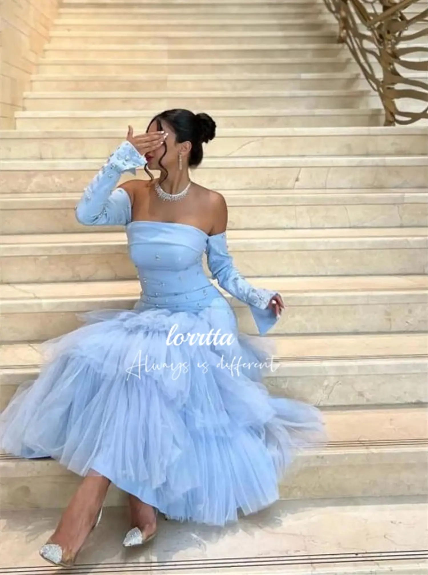 Lorrtta Hand Beaded Decoration Party Dress Long Sleeves Sky Blue Evening Fishtail Cut Dresses for Special Events Gala Customized