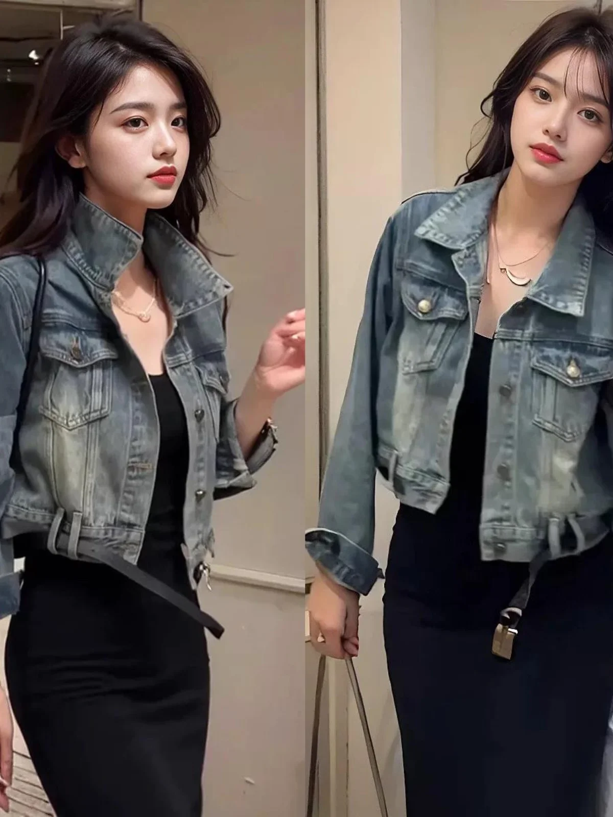 Denim Coats Jacket For Women Womens Spring O-Neck Snap Button Slim-Fit Soft Flare Preppy Style Outcoats Waist-Cinching Patchwork