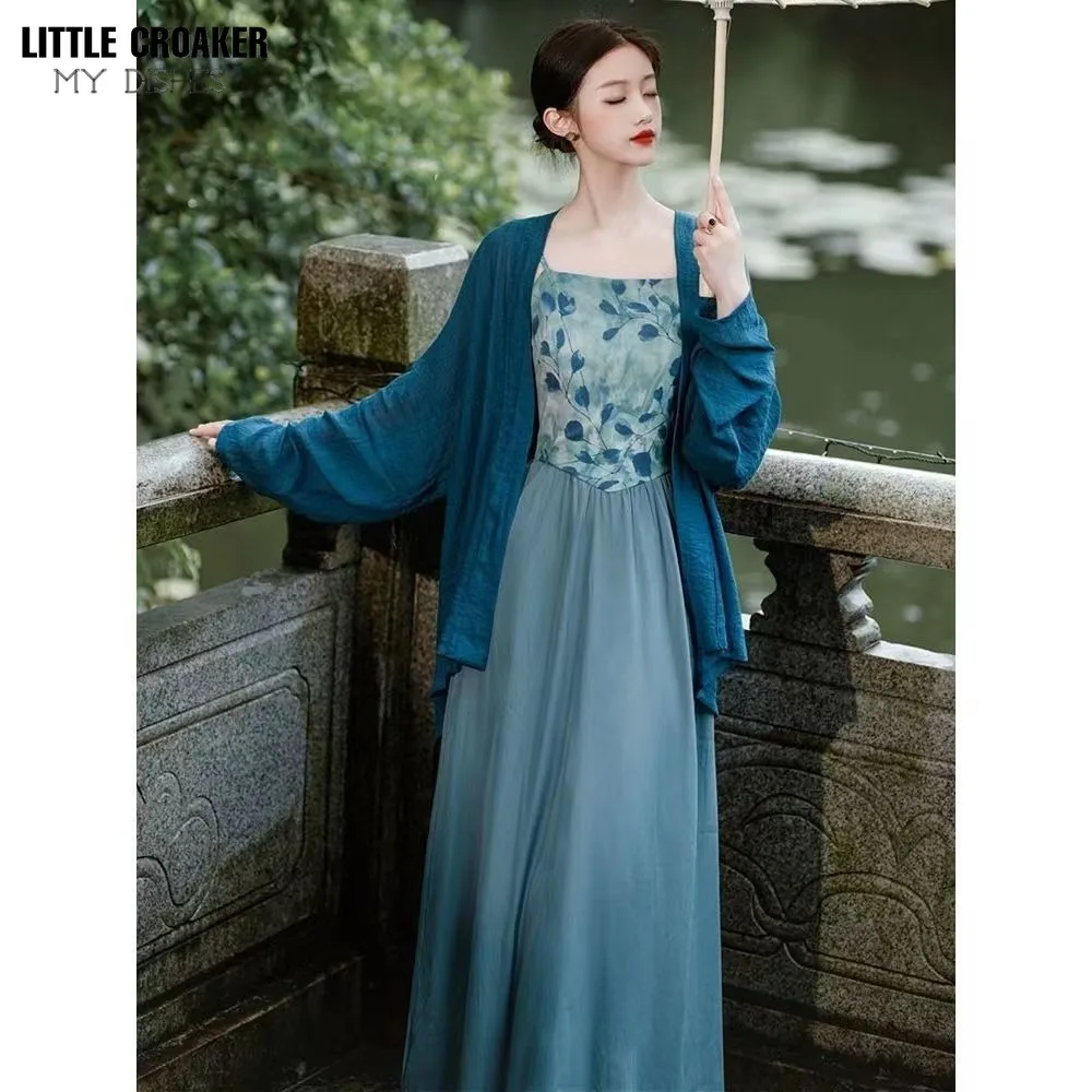 Vintage Autumn Chic and Elegant Woman Vacation Clothes Blue Cardigan + Long Spaghetti Dress 2 Piece Sets Women Outfit