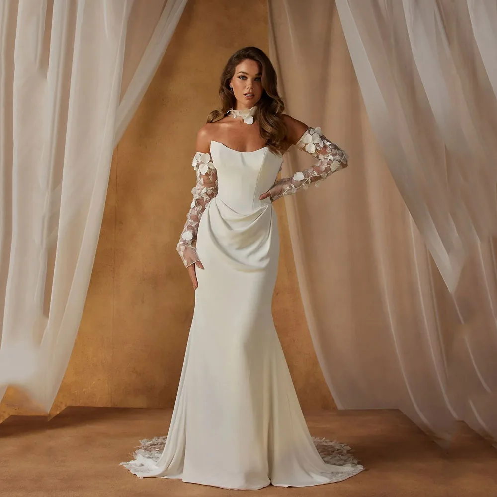 

MCDV 3D Floral Wedding Dresses Mermaid Pleat Satin Simple Bride Gowns Detachable Sleeve Backless vestidos de noiva Customized