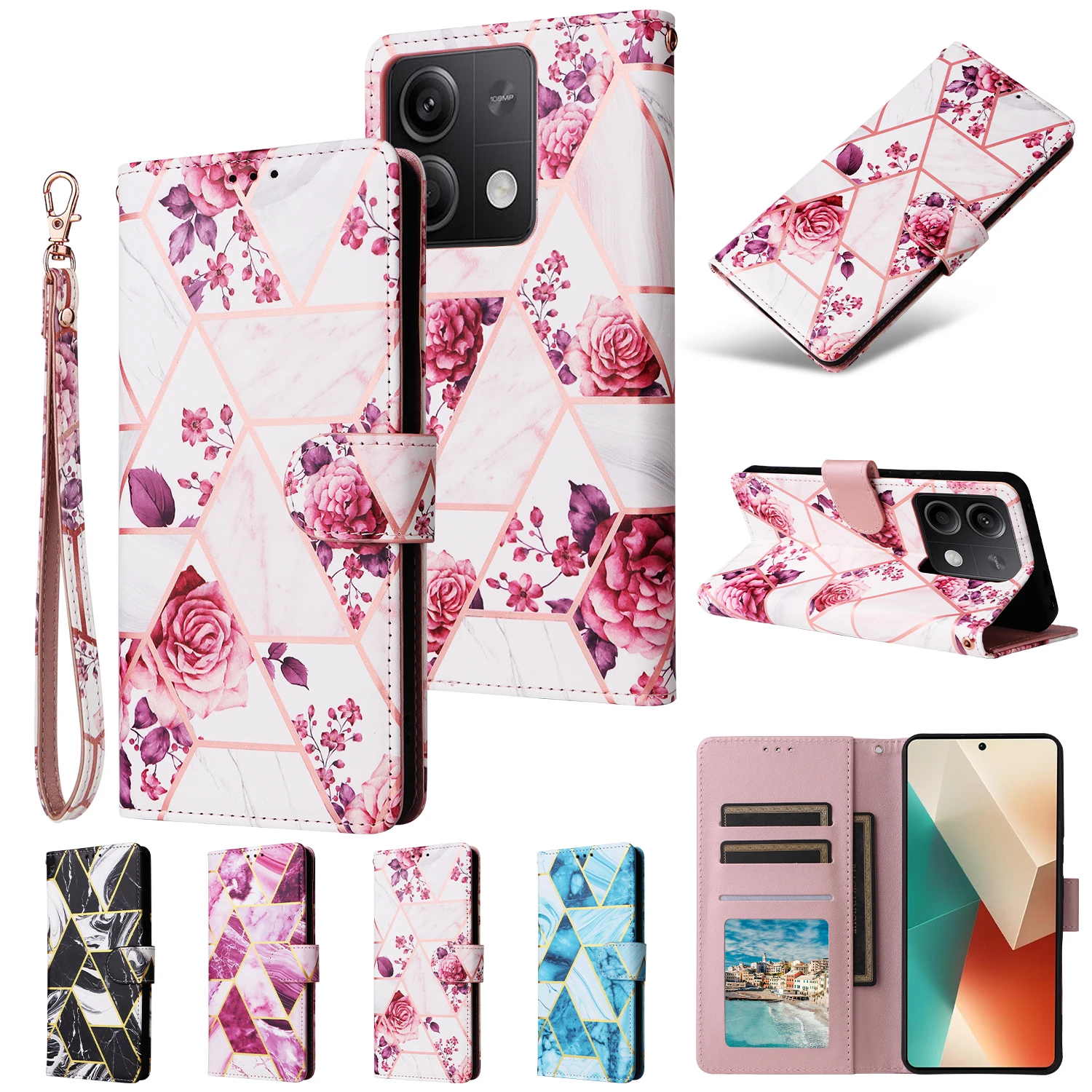 

3X*Marble vein splicing Leather Wallet Anti-fall Flip Phone Case for Xiaomi Redmi7A/8/8A/9/9A/9C/10X Note7/8/8T/9/9s 4G Pro Max