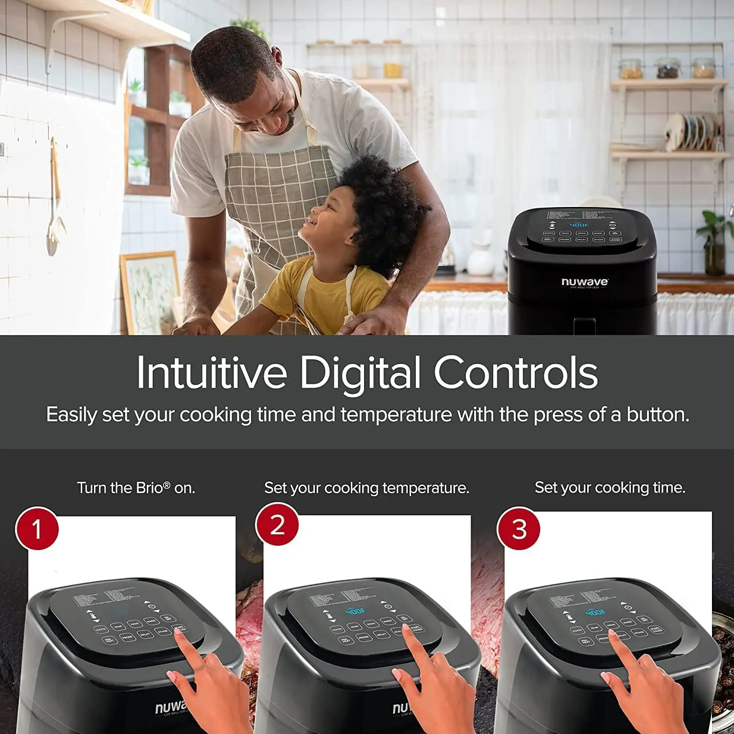 Brio 6-Quart Smart Air Fryer with Probe, One-Touch Controls, Grill Pan & Divider, Black