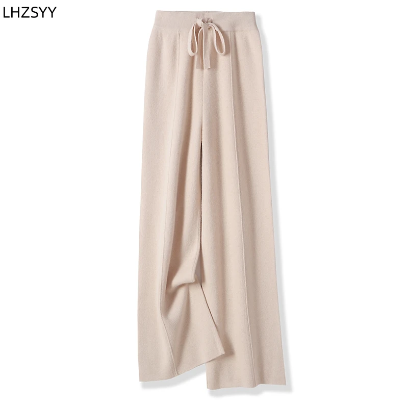 LHZSYY 100% Pure Wool Wide-Leg Pants Ladies New Mid-Seam Thick Mop Pants Loose leg Elastic Frenulum Joker Knit High Waist Pants