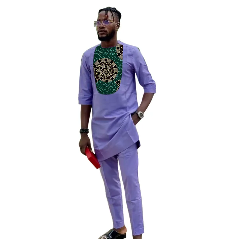 Tailored African Fashion Lavender Men's Set Half Sleeve Tops Patch Trousers Nigerian Print Viole Pant Suits Party Outfits