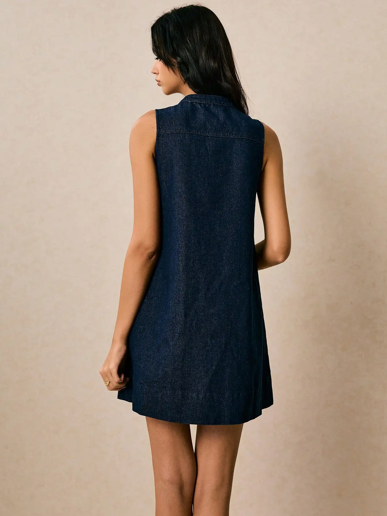 

Sleeveless Denim Dress With Gold Buttons A-Line Mini Dress For Women