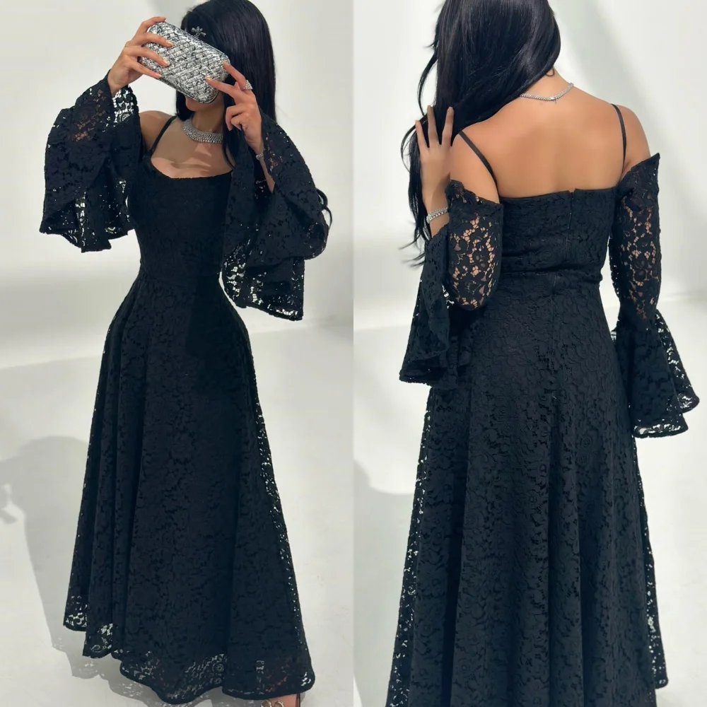 

Sexy Modern Style Lace Pleat A-line Off-the-shoulder Midi Dresses Flouncing Prom Dresses Matching Fashion Casual Elegant Simple