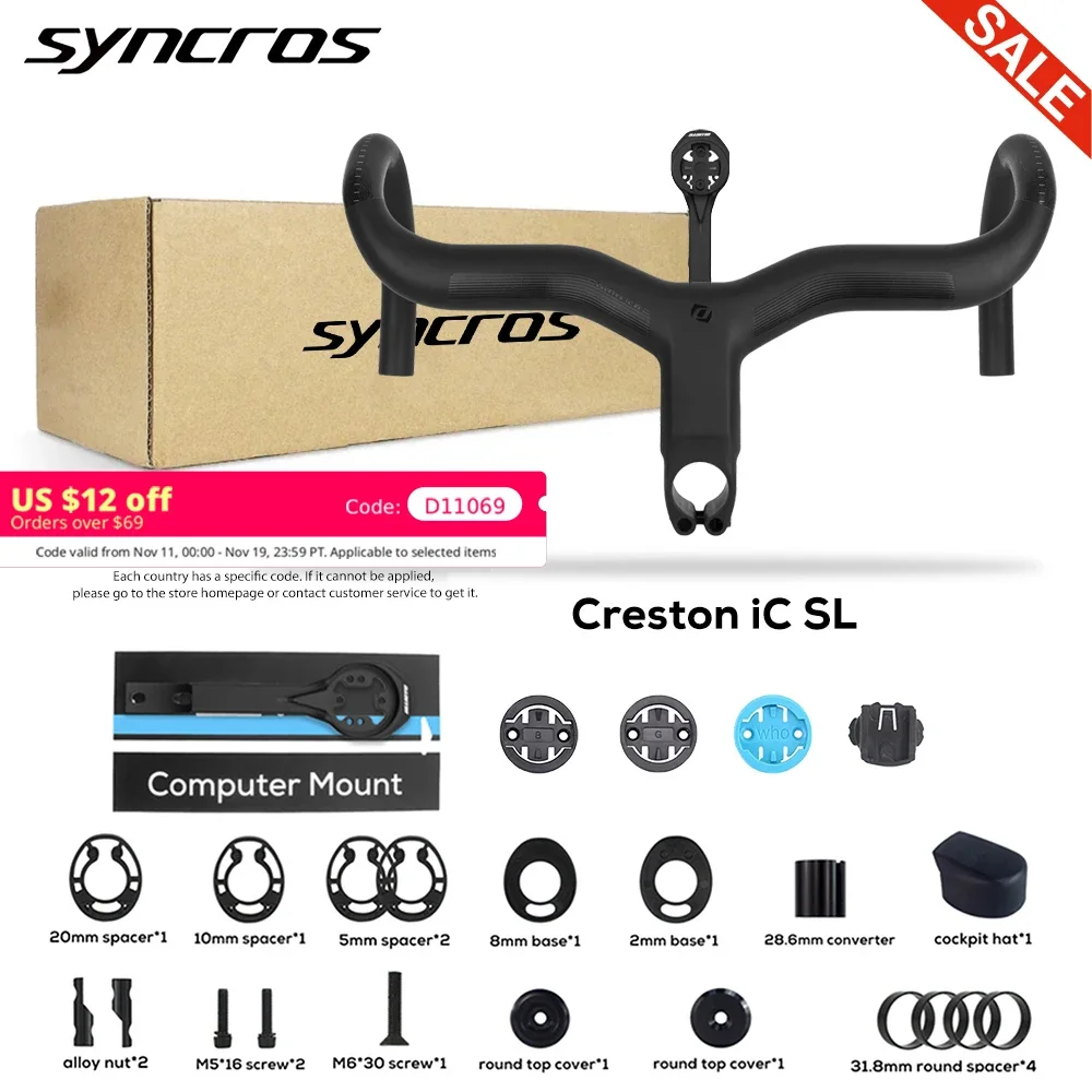 

Syncros Creston IC SL Carbon Handlebar Internal Routing Road Bicycle HandleBar Di2 Matte Black Integrated Cockpit With mount