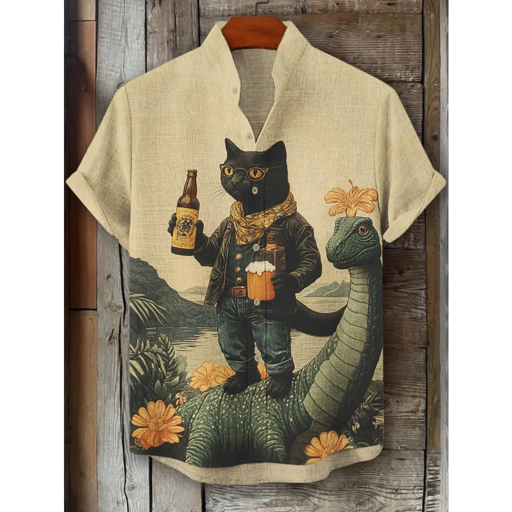 Men's Funny Laser Dinosaur Cat Print Shirts 3D Holiday Hawaiian Shirt Summer Oversized Women Short Sleeve Casual Beach Shirts