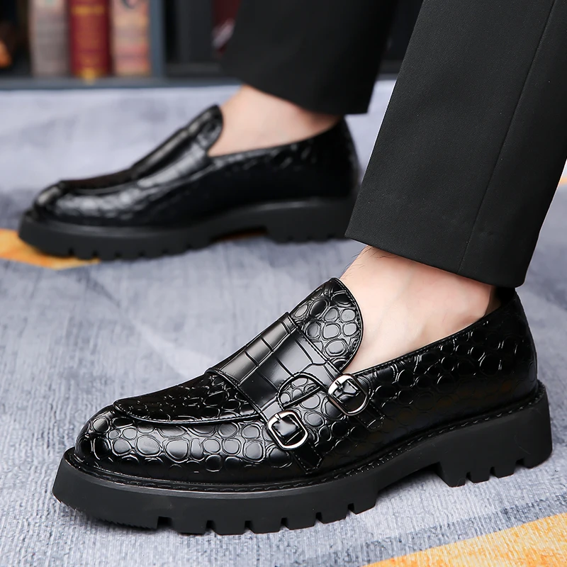 

2026Spring Autumn New Casual Leather Shoes for Men Thick Soles Buckle Designer Shoes Male Big Size Business Dress Loafers Man