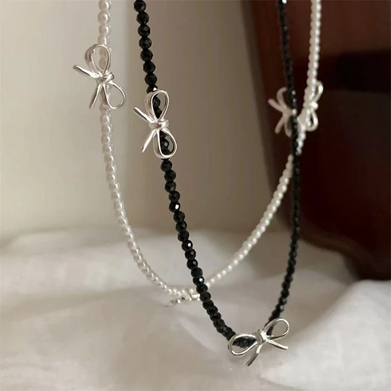 Black Beaded Bowknot Pearl Necklace for Women Girls Korean Fashion Clavicle Chain Vintage Necklace Aesthetic Jewelry 2024 New