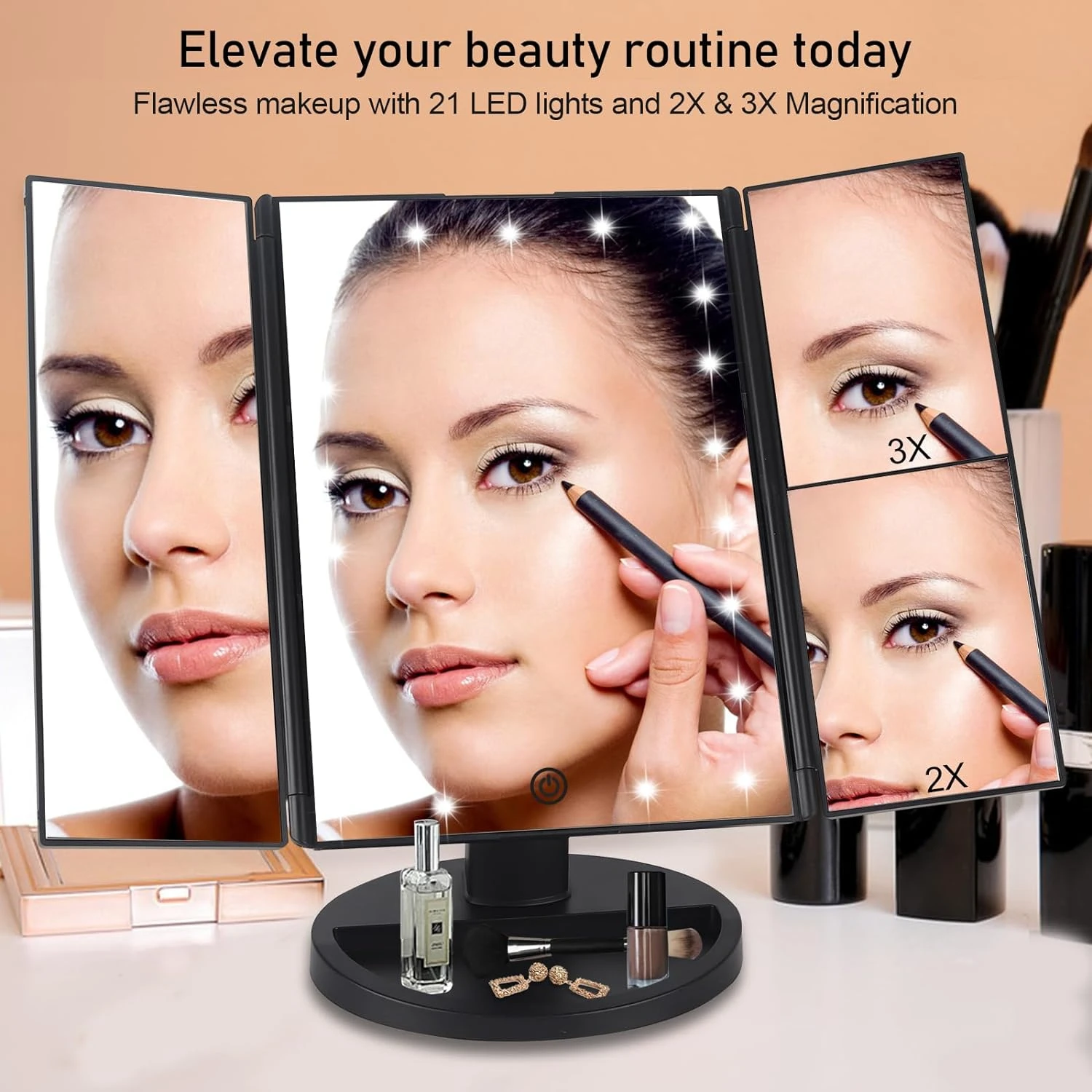 

Portable Tri-fold Vanity Makeup Mirror with Adjustable Lights and 3X Magnification - 1X 2X 3X Magnifying Options for Perfect Mak