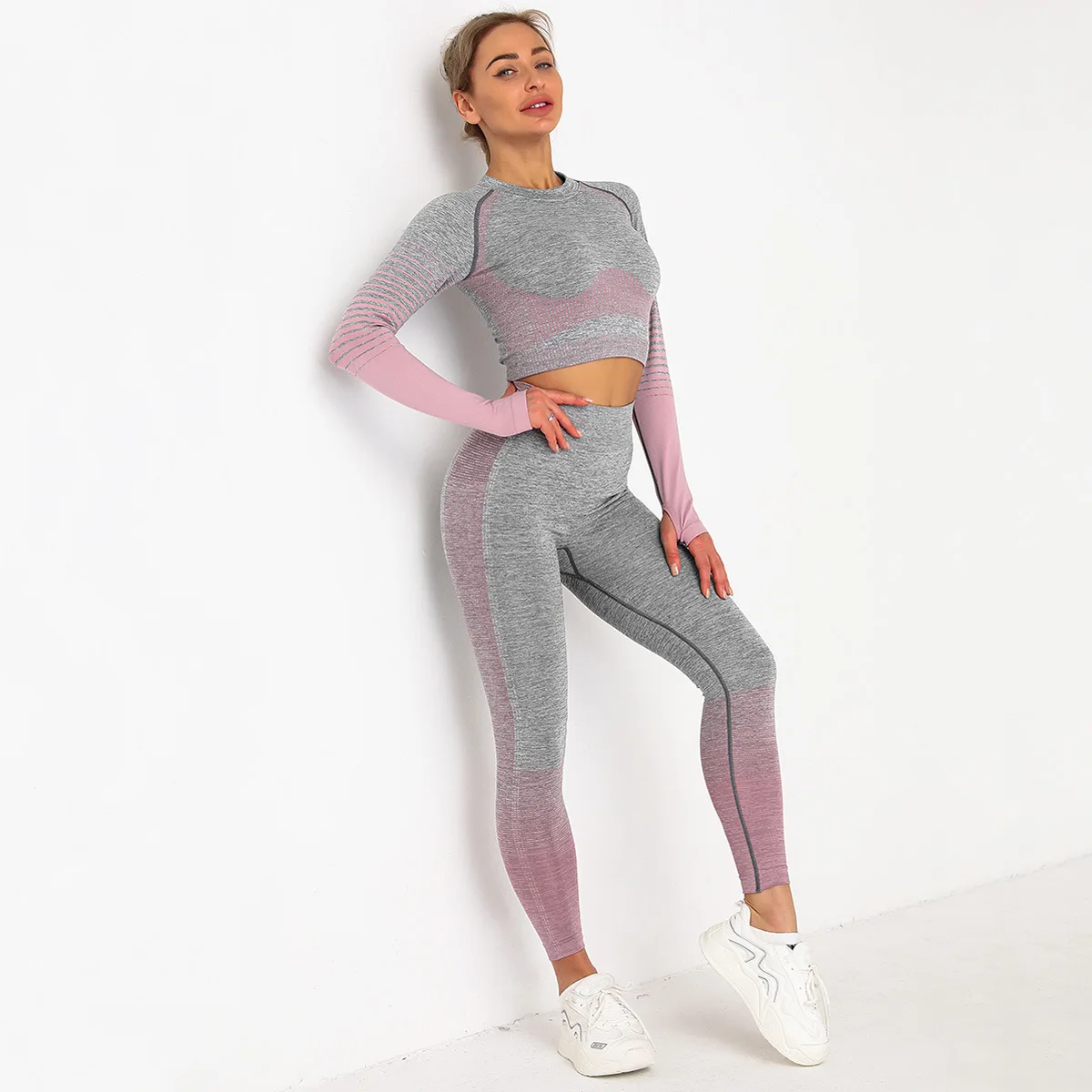 Women 2pcs Seamless Yoga Set Sport Suit Gymwear Workout Clothes Long Sleeve Gym Crop Top High Waist Leggings Fitness Sports Wear