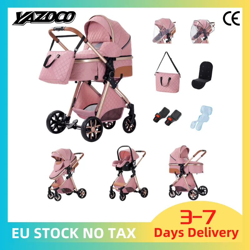 Carrinho de bebê recém-nascido 3 em 1, carrinho de quatro rodas, alta paisagem com mosquiteiro, dobrável, à prova de choque, quatro rodas