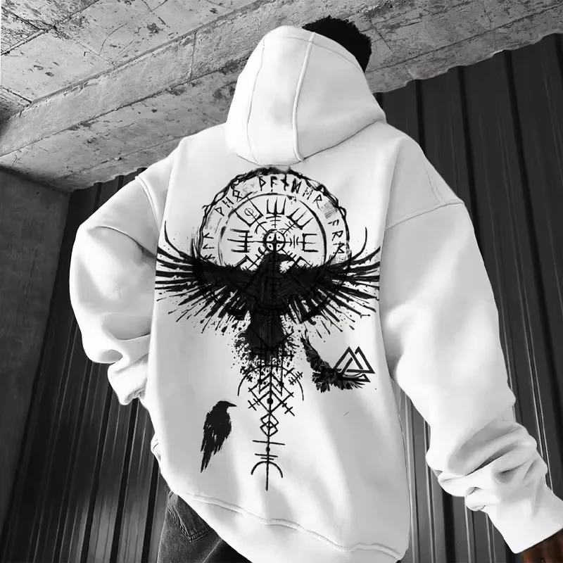 Men Viking Totem Eagle Pattern Printed Hooded Sweatshirt Y2K Cotton Loose Fresh Fashion Daily Streetwear Pullover Top