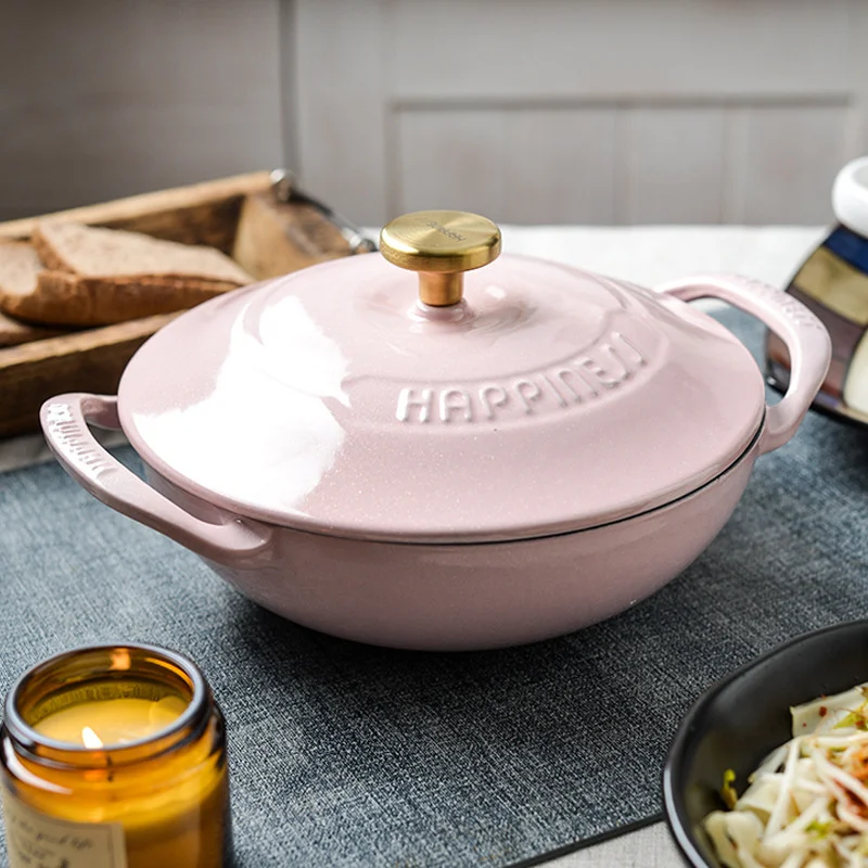 

21cm Pink Enamel Cooking Pot Evenly Heated Stew Pot with Thickened Bottom Stylish Kitchen Utensils Enhances Cooking and Serving