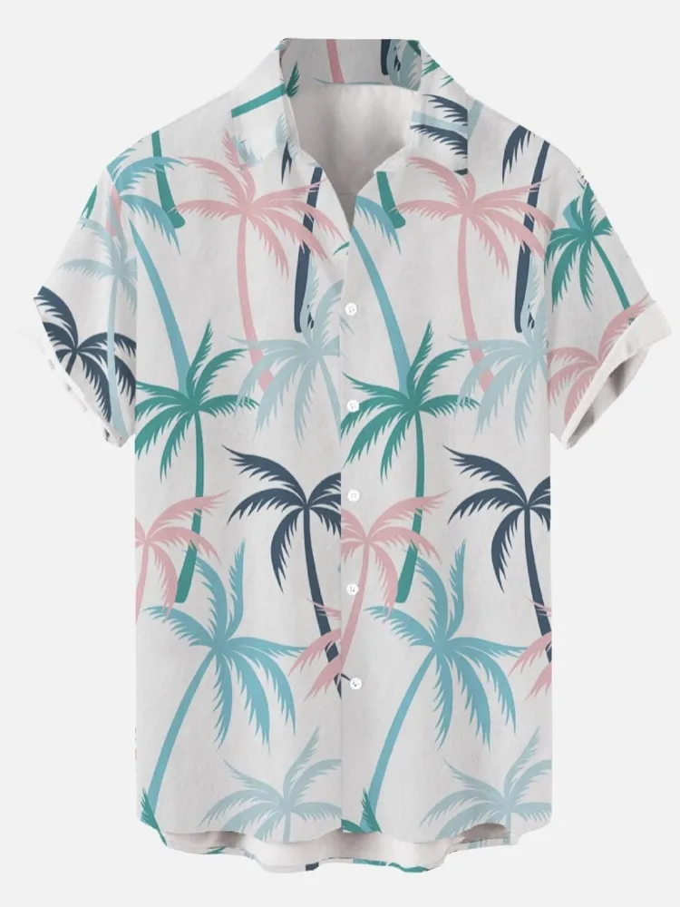 Hawaiian Men's Print Short  Sleeve Shirt Beach Coconut Tree Fashion Lapel Top 2023 New For Men Floral Clothes