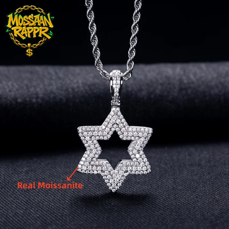 

MossanRappr 5.89cttw Moissanite Iced Out Star of David Pendant 14K Gold Plated Hip Hop Hexagram Necklace Men Party Style Jewelry