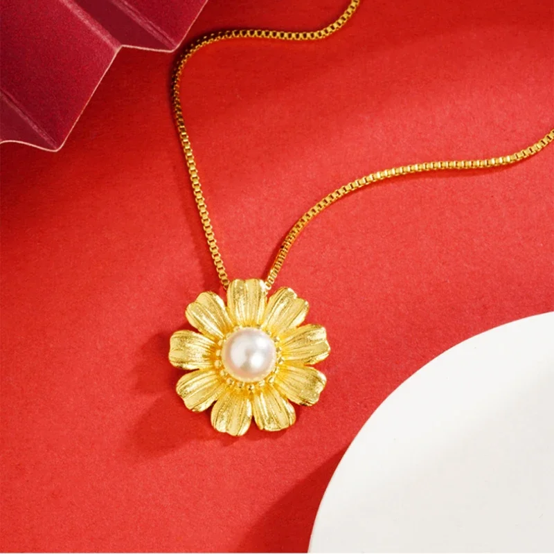 Pure Orginal 18 K Gold Color Sunflower Pearl Necklace Pendant for Women Wedding Birthday Not Fade Jewelry Gifts