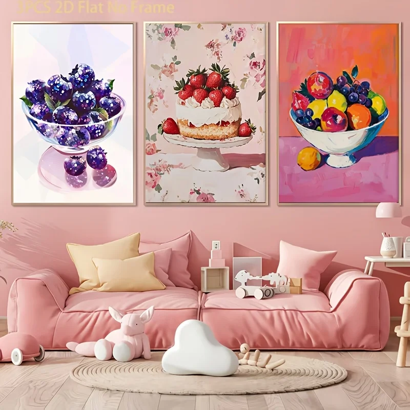 (No frame)2D Flat, Posters & Prints Decorative Painting 3 Sets, 2D Plane, Canvas Painting Disco Blueberry Print Kitchen Art P