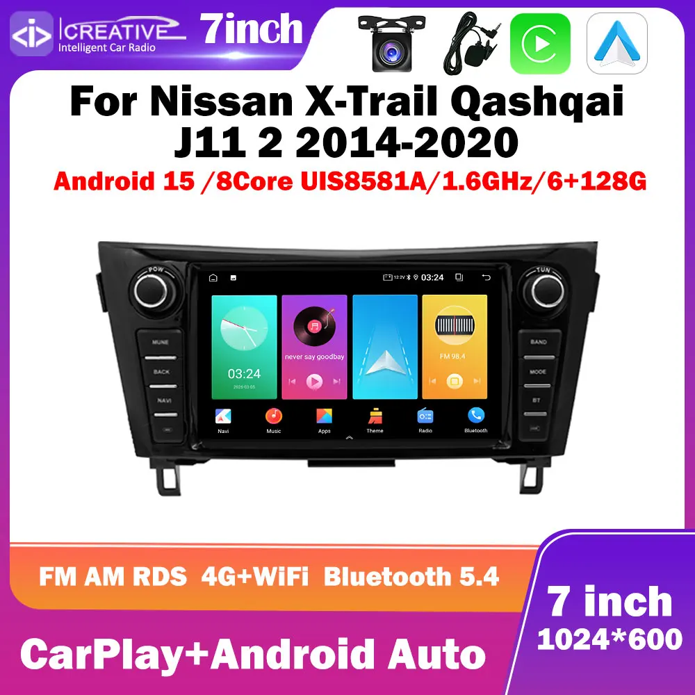 Android 15 Car Radio For Nissan X-Trail Qashqai J11 2 2014-2020 7inch 1024*600 Carplay Auto Multimedia Stereo Navi Intelligent