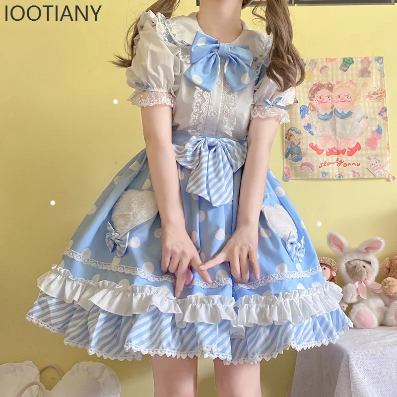 

Sweet Jsk Lolita Dress Japanese Bow Embellished Ruffled Baby Doll Style Spaghetti Strap Dress Women's Fashion Kawaii Clothing