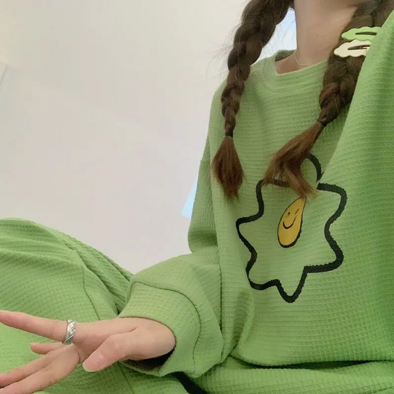 New Lovely Pajama Ladies Spring Autumn Pyjamas Waffle Long Sleeve Nightgown Loose Casual Sleepwear Crew-neck Printed Home Wear