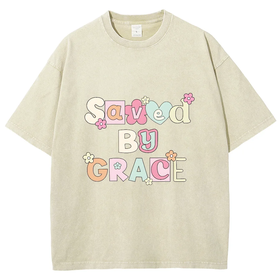 Saved By Grace Y2K Washed Short Sleeves T-Shirt, Creative Casual Unisex Oversized Vintage Streetwear New Fashion Plus-Size Tee