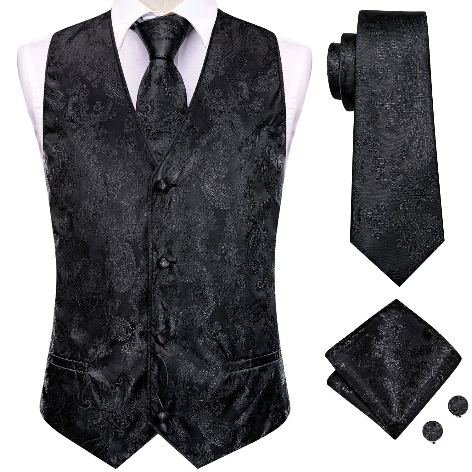 Hi-Tie Silk Mens Suit Vests 4PC Woven Black Paisley Waistcoat Tie Pocket Square Cufflinks Business Wedding Dress Waist Jacket