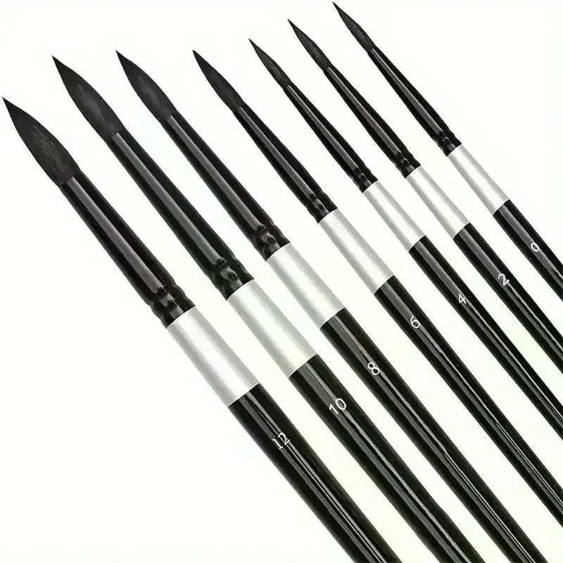 

7Pcs Art Brush Set - Round/Pointed Tips For Gouache/H2O | Beginner Artist Kit W/Wood Handle (No Shed)