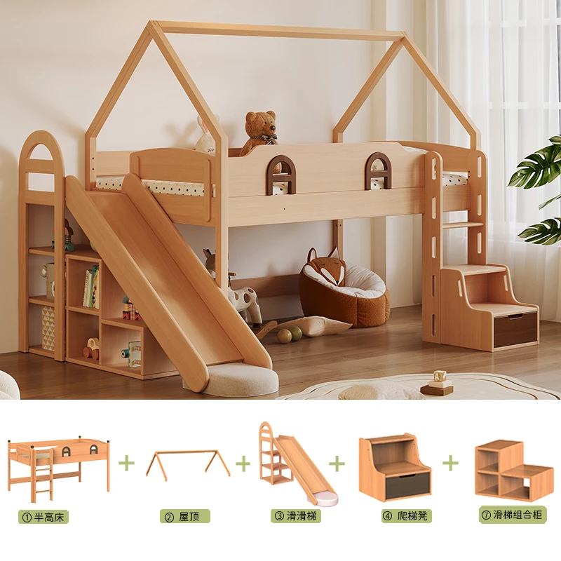 Teen with Tree Children Half Tall Bed Tree House Bed Solid Wood with Slide Full Solid Wood Beech Boy Girl Slide Bed