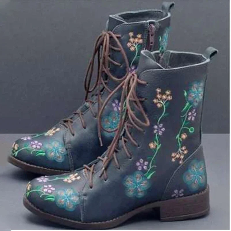 Woman Ankle Boots Embroidery Big Size Flower Boots 2023 Women Autumn Winter Lace Up PU Leather Female Footwear Ladies Shoes