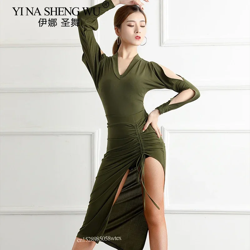 Women Latin Dance Costume Set High Fork Wrap Hip V Neck Long Sleeve Jumpsuit Olive Green Elegant Practice Performance Dancewear
