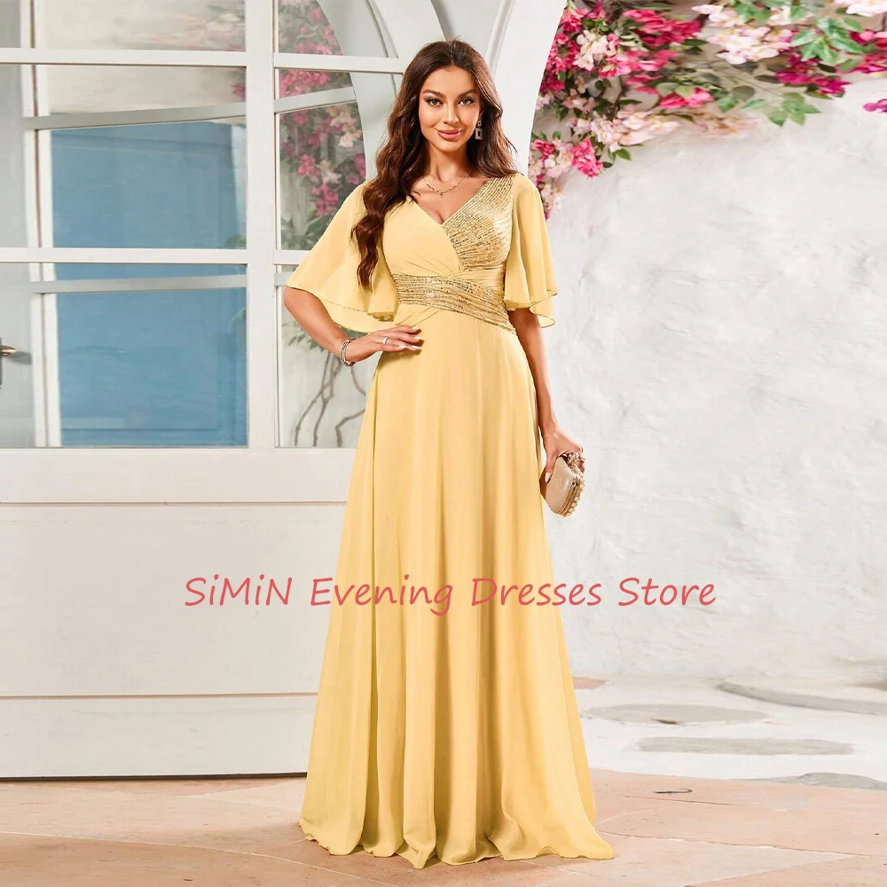 

Simin Saudi Sweetheart ZipperUp Chiffon Sequins Short-sleeves Floor-Length Arabia Sexy Evening Birthday Club Outfits Summer 2024