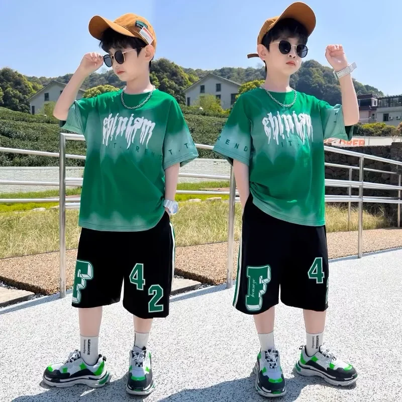 

Summer Boys Cotton Alphabet Tie Dye Sweat t-Shirt Tops+Shorts Pant School Kids Tracksuit Child 2PCS Outfit Workout Set 5-16Years